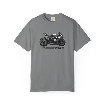 A gray t-shirt with a motrcycle graphic and the one down five up quote printed on the front
