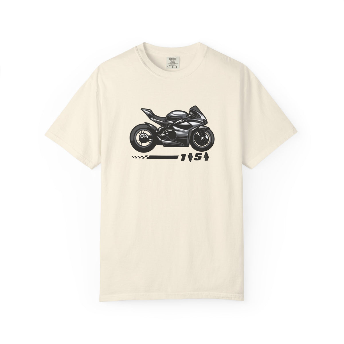 an Ivory t-shirt with a motrcycle graphic and the one down five up quote printed on the front