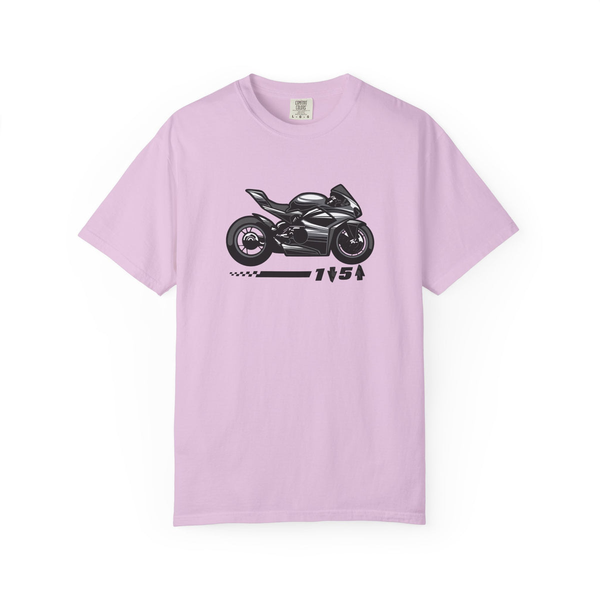 A pink t-shirt with a motrcycle graphic and the one down five up quote printed on the front