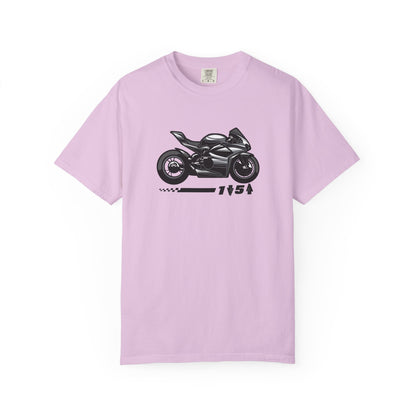 A pink t-shirt with a motrcycle graphic and the one down five up quote printed on the front