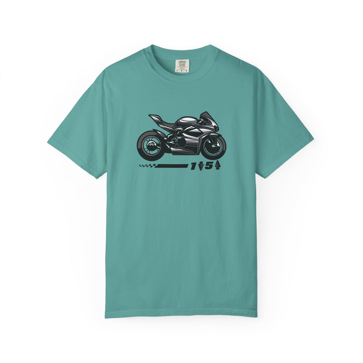 A seafoam blue t-shirt with a motrcycle graphic and the one down five up quote printed on the front