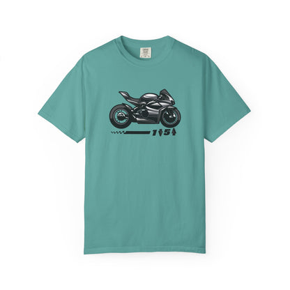 A seafoam blue t-shirt with a motrcycle graphic and the one down five up quote printed on the front