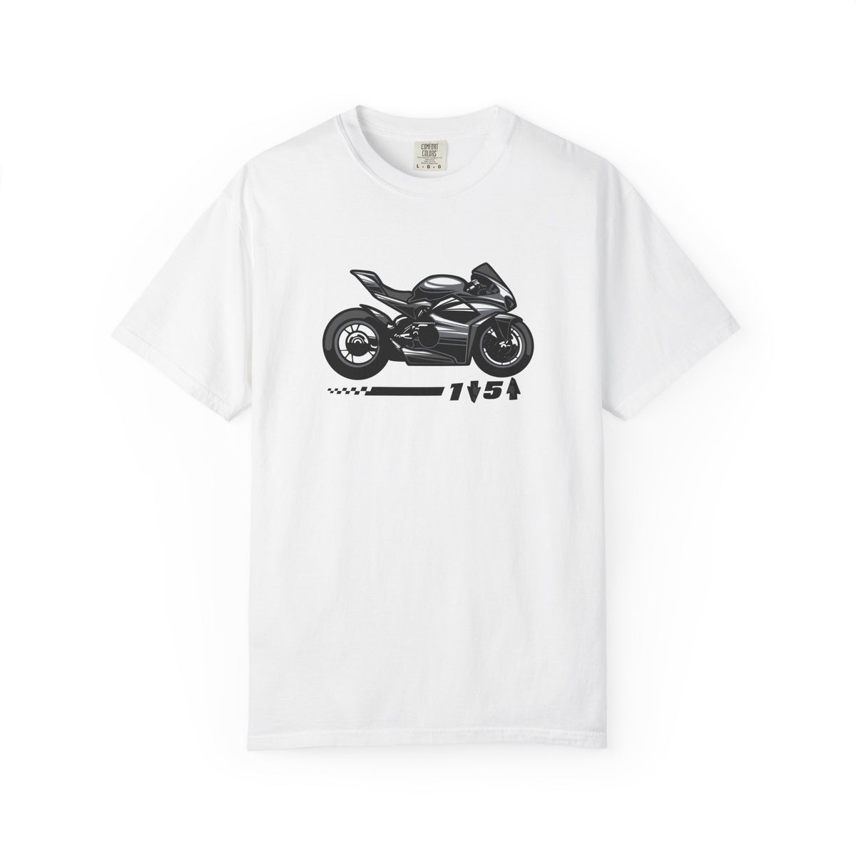 A white t-shirt with a motrcycle graphic and the one down five up quote printed on the front
