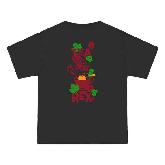 Black t-shirt with 'Tea Rex' graphic design on a white background