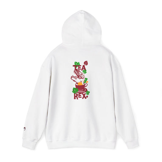 A white hooded sweatshirt shown from the back, featuring a colorful graphic of a tea-themed character with the text 'TEA REX' in red and green accents.