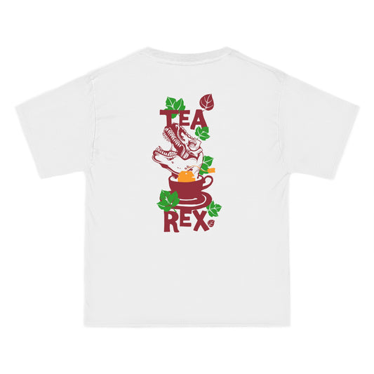 White t-shirt with 'Tea Rex' graphic design on a white background