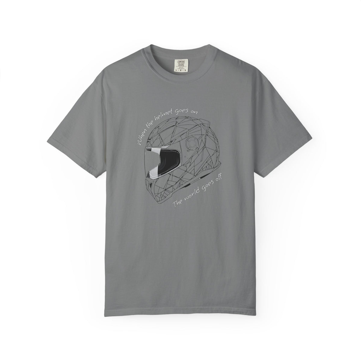 A gray short-sleeve crewneck t-shirt featuring a black line art graphic of a geometric motorcycle helmet in the center, with the text 'When the helmet goes on, the world goes off' curved around it.