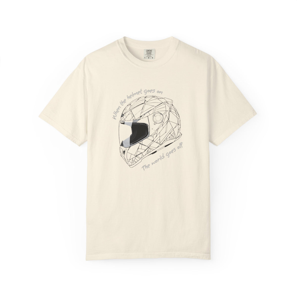 An ivory short-sleeve crewneck t-shirt featuring a black line art graphic of a geometric motorcycle helmet in the center, with the text 'When the helmet goes on, the world goes off' curved around it.