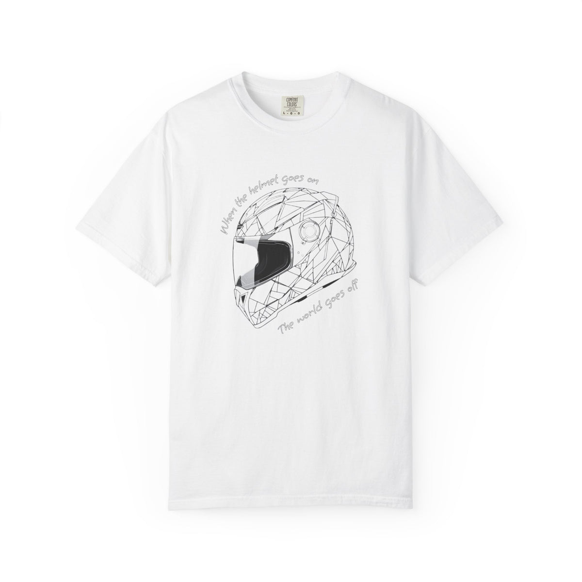 A white short-sleeve crewneck t-shirt featuring a black line art graphic of a geometric motorcycle helmet in the center, with the text 'When the helmet goes on, the world goes off' curved around it.
