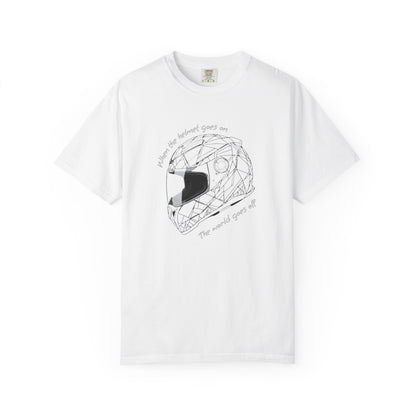 A white short-sleeve crewneck t-shirt featuring a black line art graphic of a geometric motorcycle helmet in the center, with the text 'When the helmet goes on, the world goes off' curved around it.